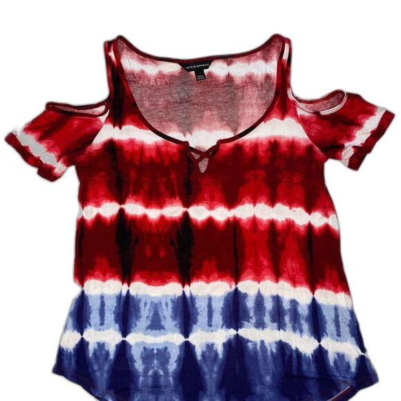Rock & Republic T-Shirt Cold Shoulder Scoop Neck Tie Dye Patriotic Womens Size S - Picture 1 of 8